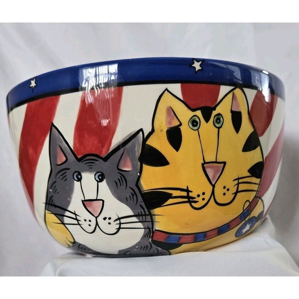 VTG Candace Reiter CATZILLA collectible Patriotic USA Hand painted Ceramic Bowl